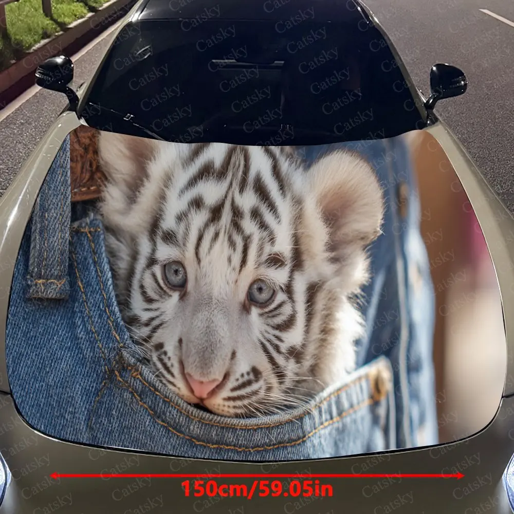 Sweet White Tiger Cub Auto Cover Sticker, Waterproof and Self-adhesive Auto Hood Decal, Auto Vinyl Wraps, Cool Car Exterior Deca