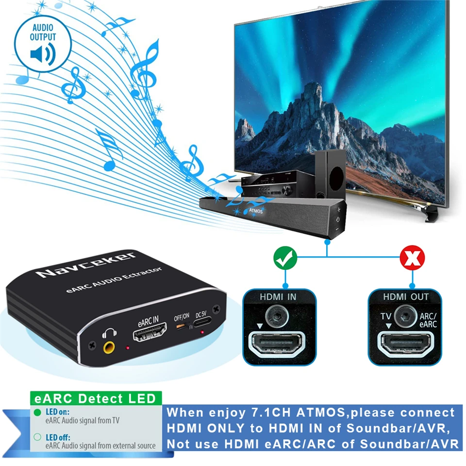 Navceker 192khz hdmi-compatível áudio earc extrator 7.1ch atmos earc tv projetor hdmi apenas toslink conversor coaxial adaptador