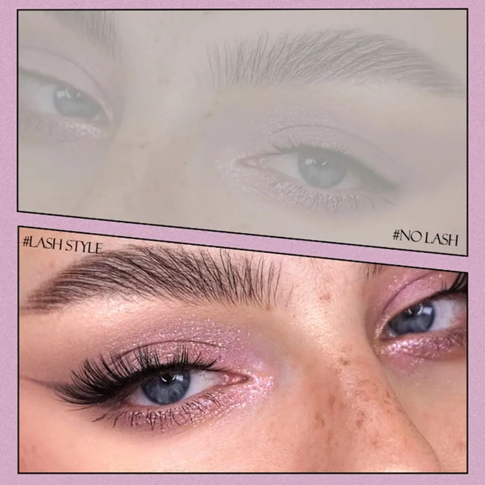 Half-eye lashes with a natural effect, lightweight and short, elongated at the outer corners, suitable for everyday makeup.