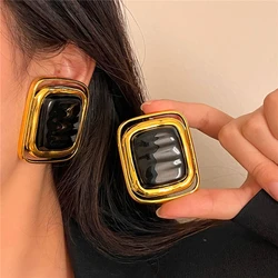 HUANQI Black Heavy Metal Rectangular Block Large Size 5cm Chunky Earrings for Women Exaggerated Fashion Vintage Party Jewelry