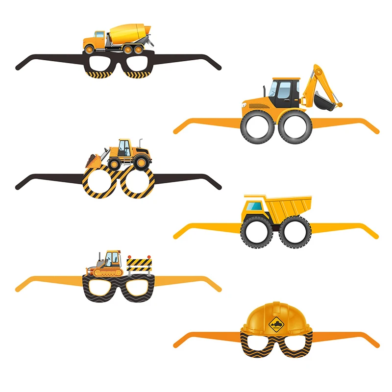 Gafas de papel para construcción de 6 piezas, accesorios para fotomatón, excavadora, camión, Tractor, construcción, decoración para fiesta de cumpleaños, regalos para niños