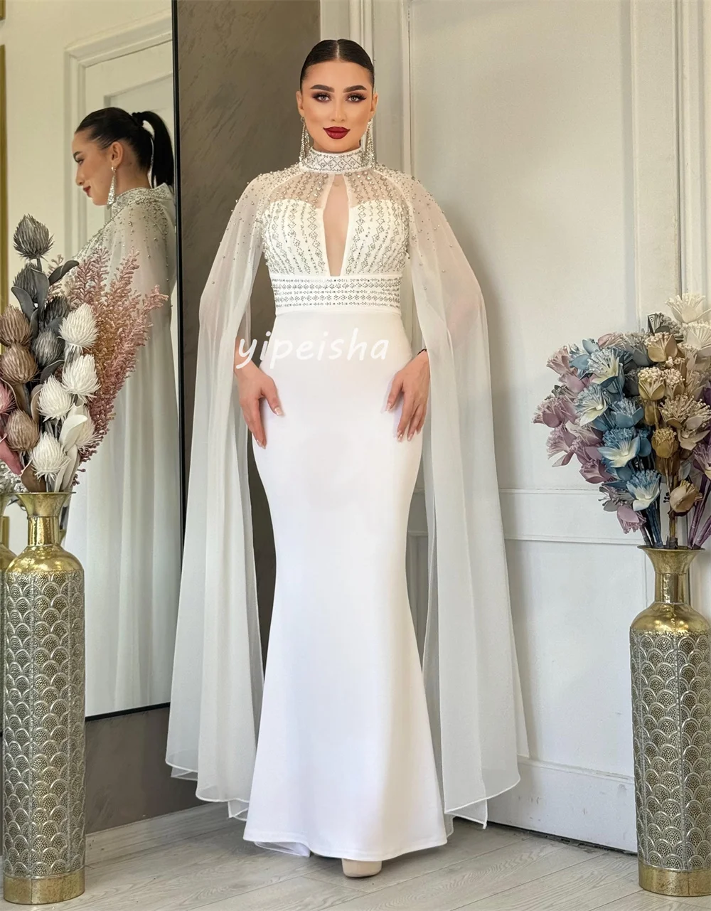 Индивидуальные замысловатые блестящие трикотажные платья со стразами и складками Русалка с высоким воротником Длинные платья на заказ Высокое качество Сексуальные платья