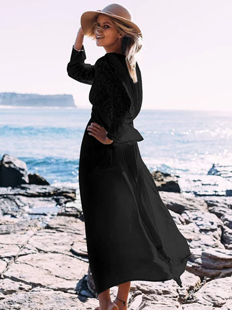 Nuevo Bikini con cuello en V profundo para mujer, pareo para la playa, encaje empalmado, manga larga, con cordones, moda de verano, vestido femenino, ropa de playa