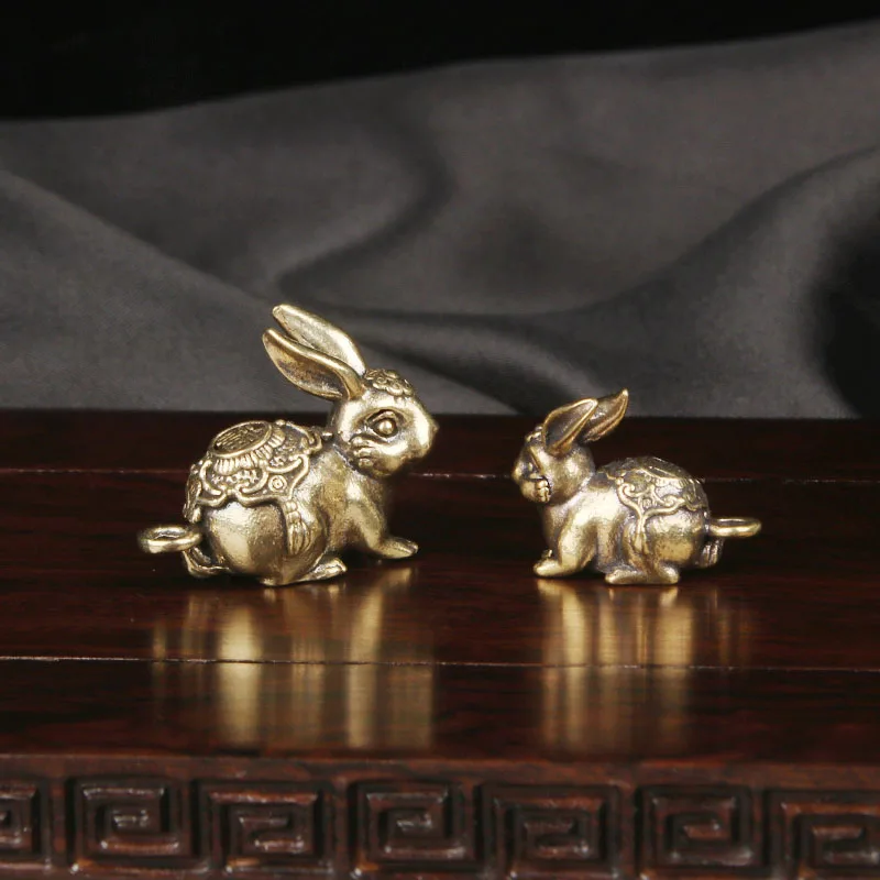 Vintage Pure Brass Nafu Rabbit Keychain Pendant Twelve Zodiac Rabbit Couple Luggage Pendant Small Bronze Artifact