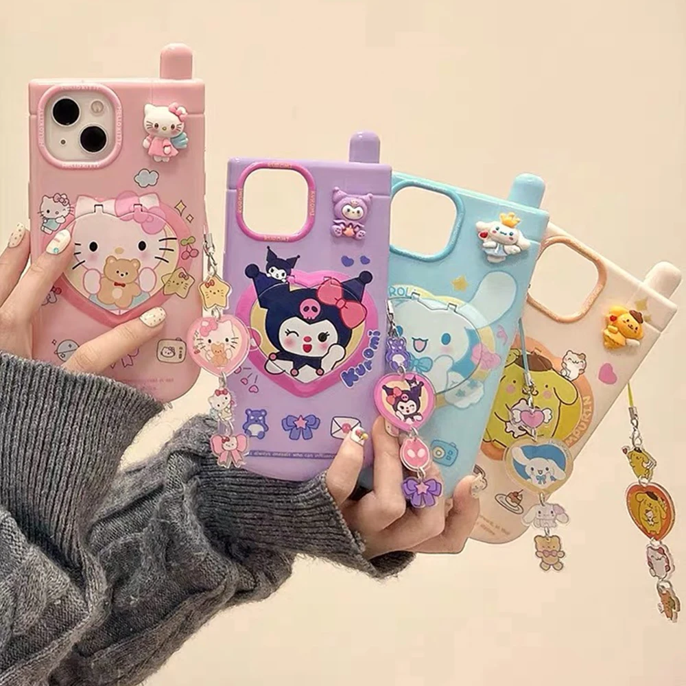 3D Sanrio Hello Kitty Kuromi My Melody Pochacco with Pendant Telephone Phone Case for IPhone 15 14 13 12 11 Pro Max Back Cover