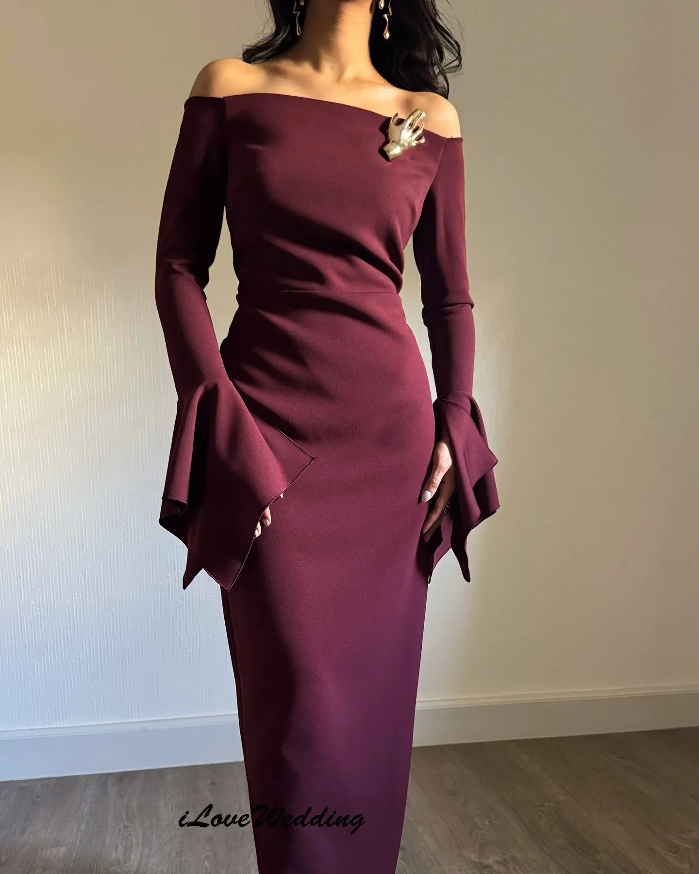

Burgundy Mermaid Off The Shoulder Prom Dresses 2025 Half Sleeve Women Party Dress Ruffles Elegant Evening Dresses Customized