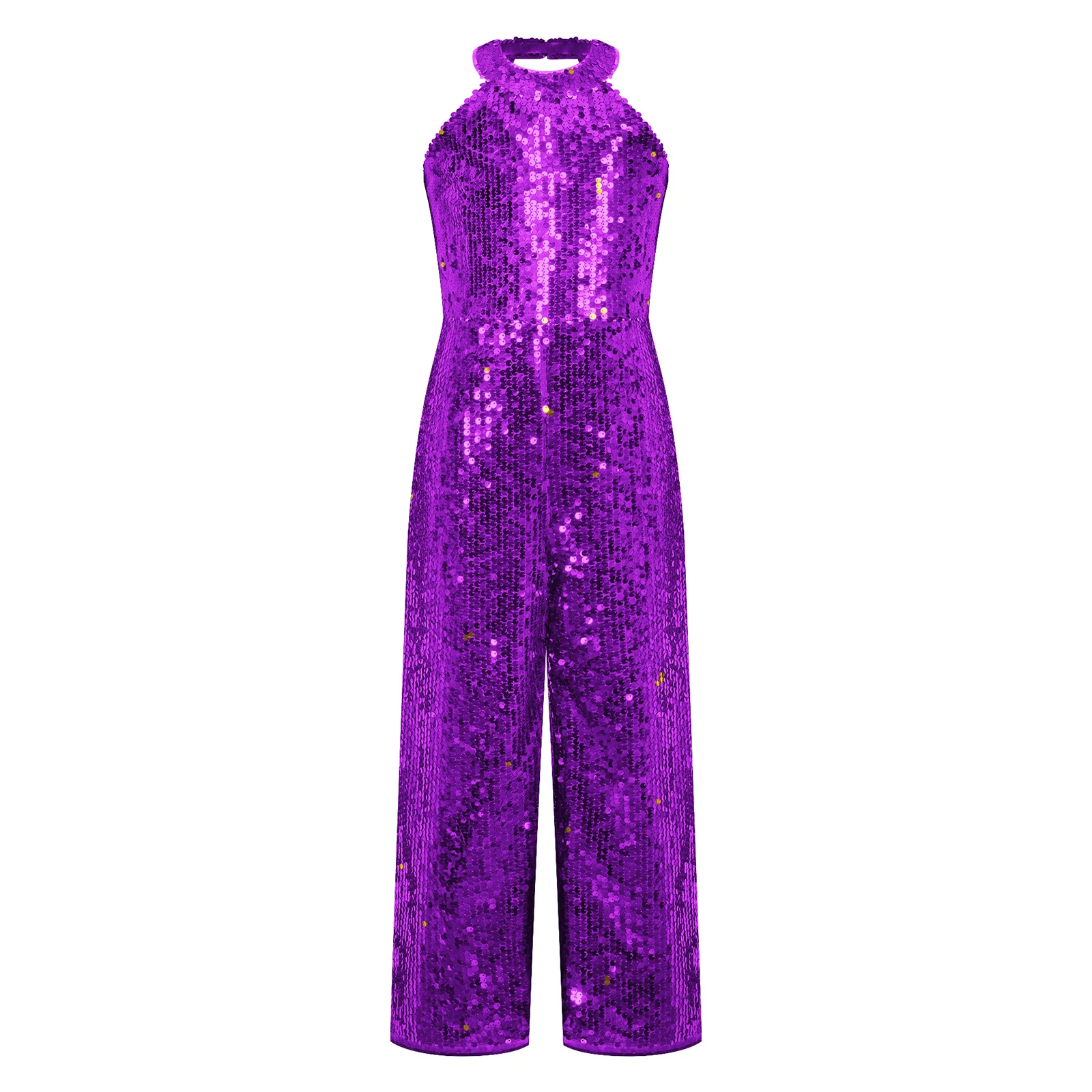 Kids Girls Shiny Sequins Gymnastics Jumpsuit Romper Halter Neck Wide Leg Pants Sleeveless Jumpsuit for Birthday Party Dancing