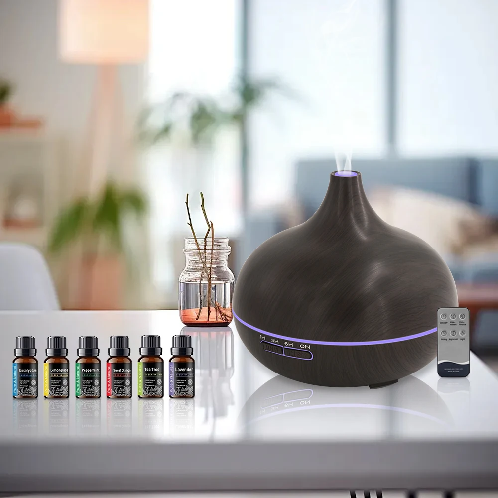 

550ml Ultrasonic Essential Oil Diffuser Elegant Wood Grain Finish, Remote Control, 7 Color Ambient Lighting & 6 Therapeutic Gra