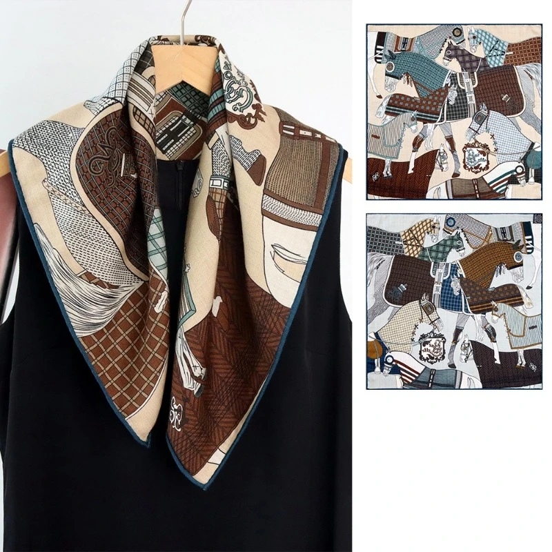Galloping Horses Print Silk Wool Large Square Scarf Double Sided Different Color Women Versatile Premium Wool Shawl Neck Wrap