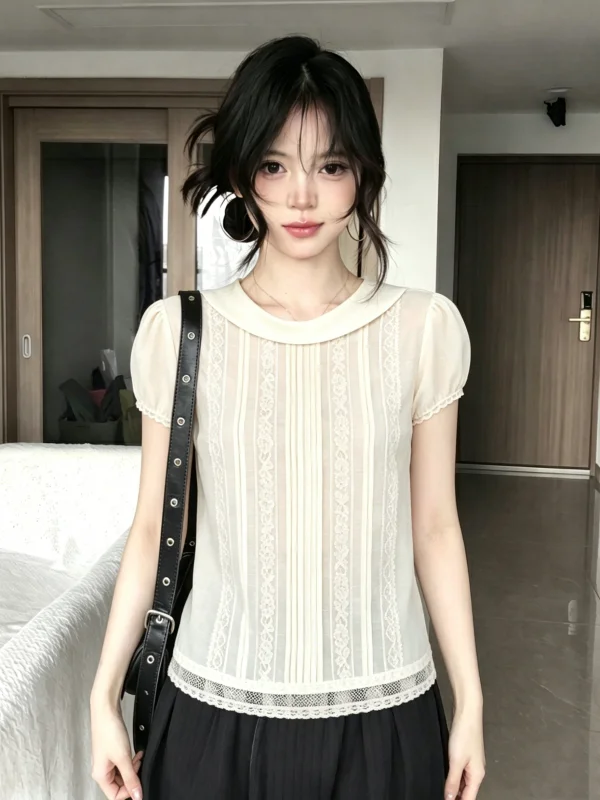 

Sweet Style plus Size Lace Shirt Summer Splice Hem Trim Bubble Sleeve Slimming Effect Outdoor Top Korean Loose Fit Short Sleeve