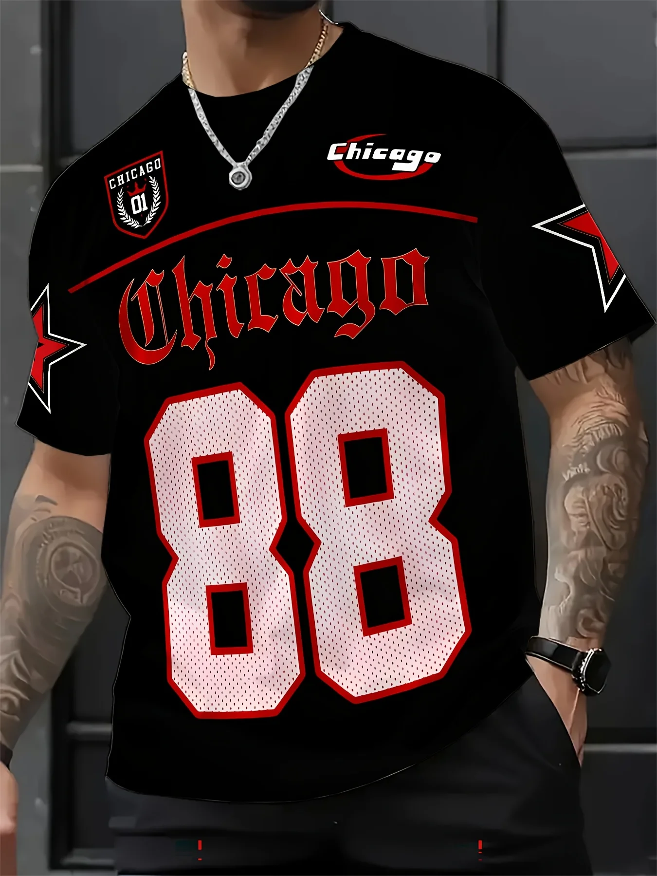 Herren Chicago 88 Grafik-T-Shirt, Schwarz, Rot, 3D-Druck, atmungsaktiv, lässig, kurzärmelig, für Sport, Chicago T-Shirt, Herren, StreetwearTop