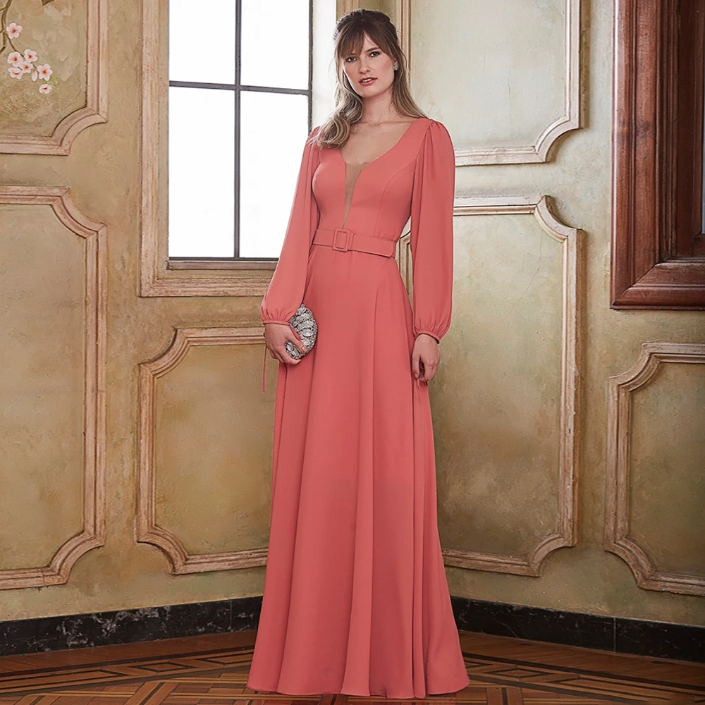 

Wedding Guest Dresses Deep V Neck Long Sleeves Mother of the Bride Dress for Weddings Peach A Line Flormal Evening Gowns