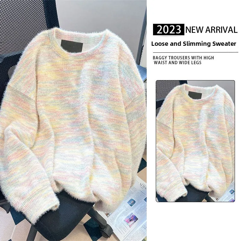 

Мужской свитер оверсайз с радужными полосками, вязаный, повседневный, свободного кроя, весна-осень, новый, комфортный топ