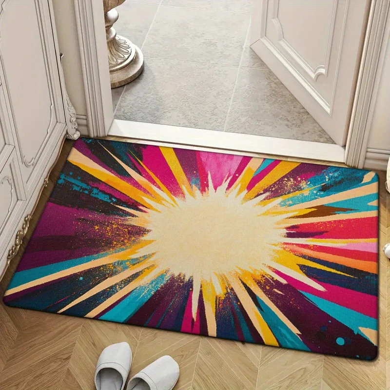 1pc Vibrant Abstract Sunburst Doormat - Colorful Radiation Pattern, Non-Slip, Absorbent, Durable Polyester, 0.47inch Thick, Idea