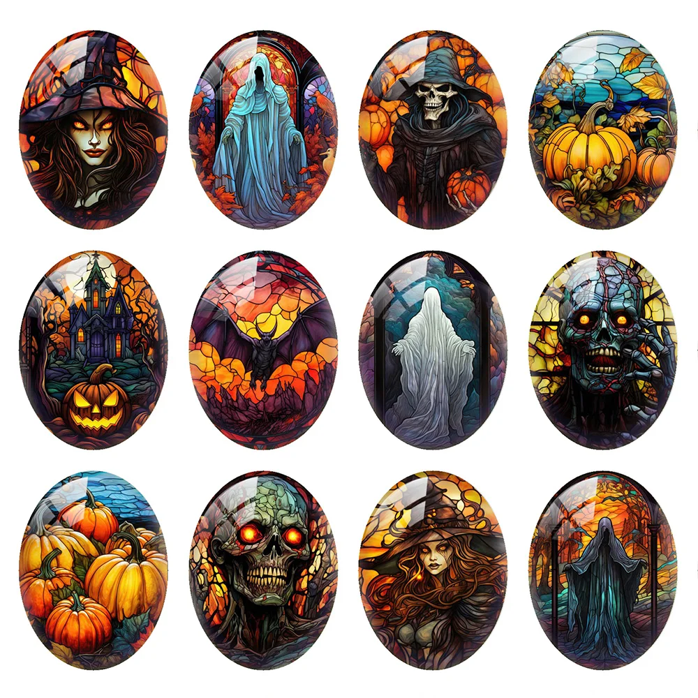 

10pcs/lot Halloween Gothic Horror Bat Witch Pumpkin Death God Oval Photo Glass Cabochon Flatback Demo Cameo Diy Jewelry Making