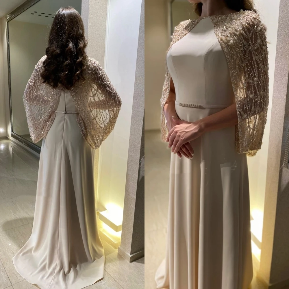 Customized High quality Jewel A-line Prom Dresses Beading Paillette / Sequins Stole Watteau Floor length Evening  فساتين vestido