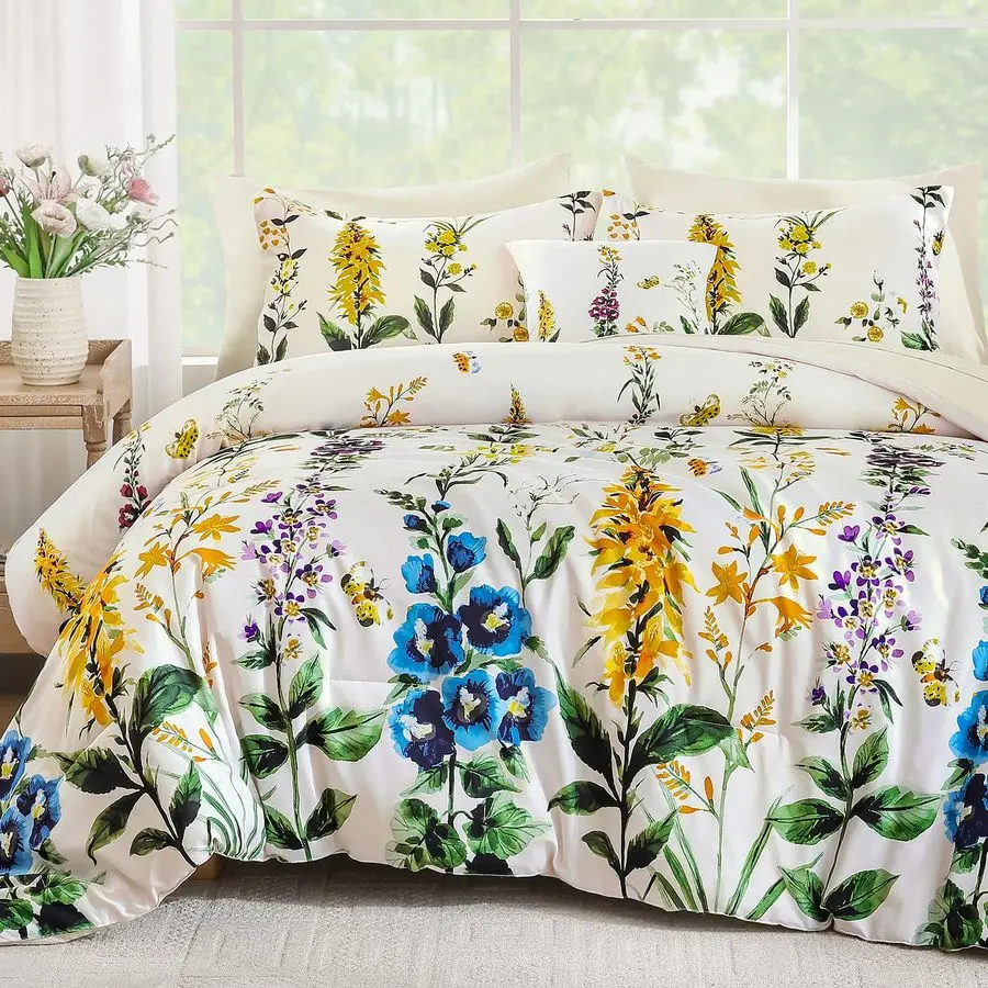 

Beige Comforter Set King Size 8 Piece Bed in a Bag Colorful Floral Botanical Comforters with Sheets, Soft Microfiber Farmhouse C