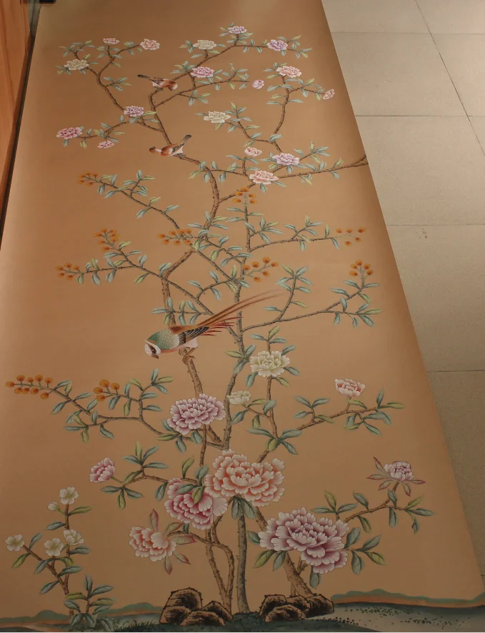 Customized HAND-MADE silk Wallpapers Hand-Painted Flowers/Birds for Bedroom/Living/Study/Dining Room/Porch/Sofa/TV wallcovering