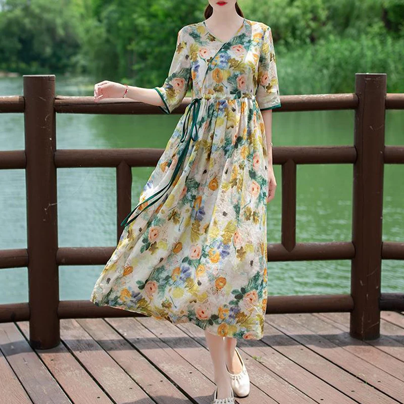 Women Vintage Floral Print Lace Up Elegant Cotton Linen Dresses Summer Fashion V Neck Short Sleeve Loose Vacation Dress Vestidos