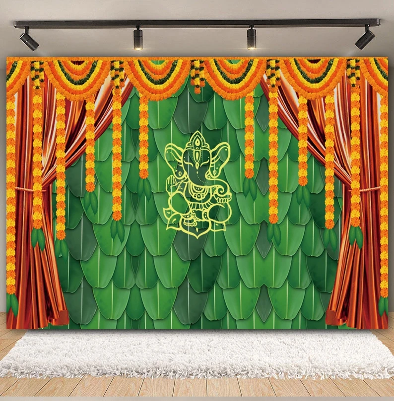 Indian Pooja Diwali Backdrop for Photography Green Banana Leaf Marigold Traditional India Puja Wedding Birthday Background Decor