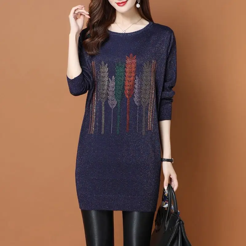 Elegant Fashion Autumn Winter New Knitted Printed Mid-length Sweater Women Pullover Female Casual Comfortable Slim Clothes 2022