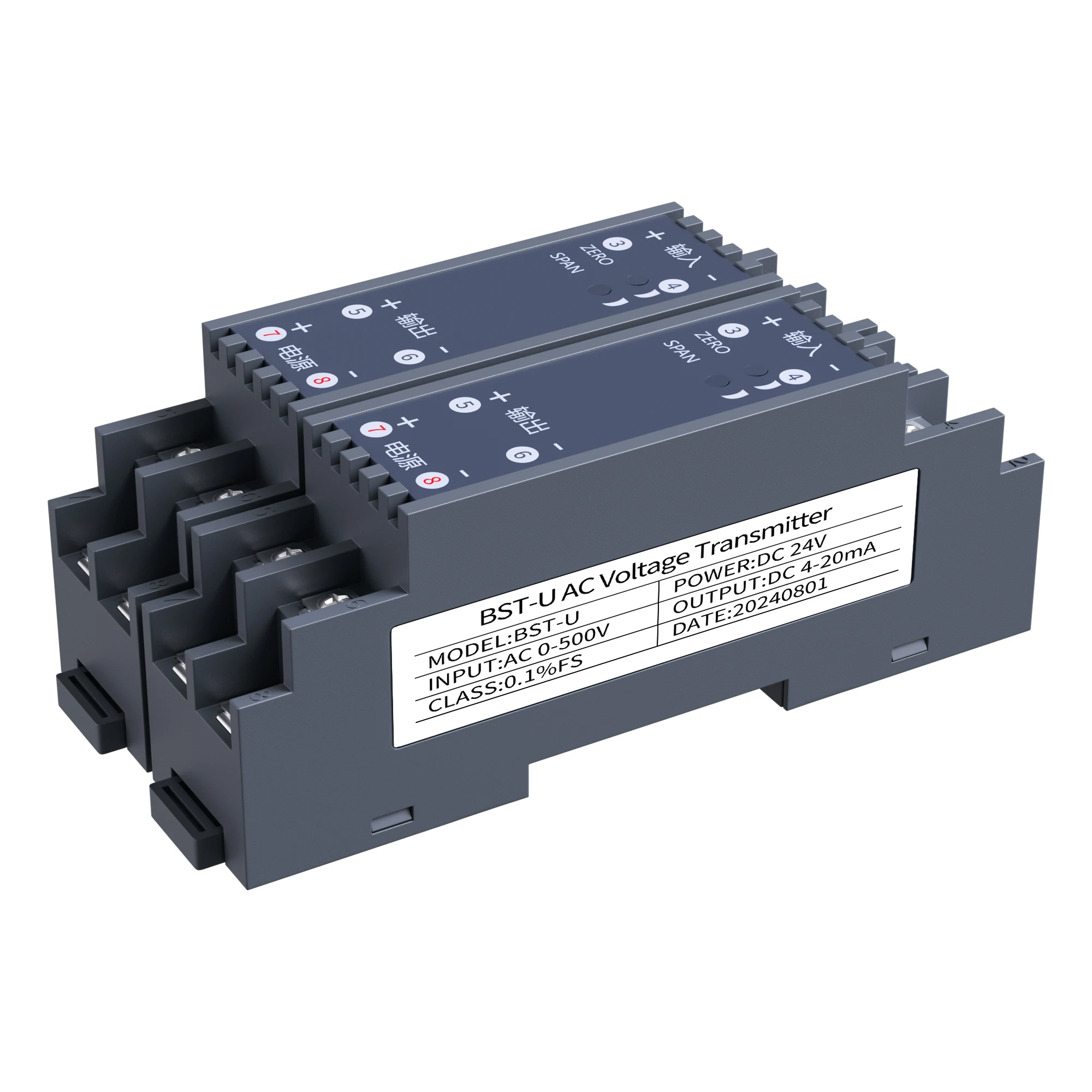 35mm DIN-rail 0-75V 0-100V 0-300V AC-spanningstransducer 4-20mA 0-10V RS485-uitgang AC 0-800V 0-1000V spanningssignaalomvormer