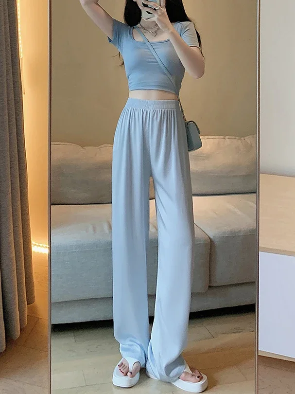 Ice Silk Satin Pants Women Fashion 2023 Casual  High Waist Satin Wide Leg Trousers Thin Summer Pants Floor Length Female Slacks