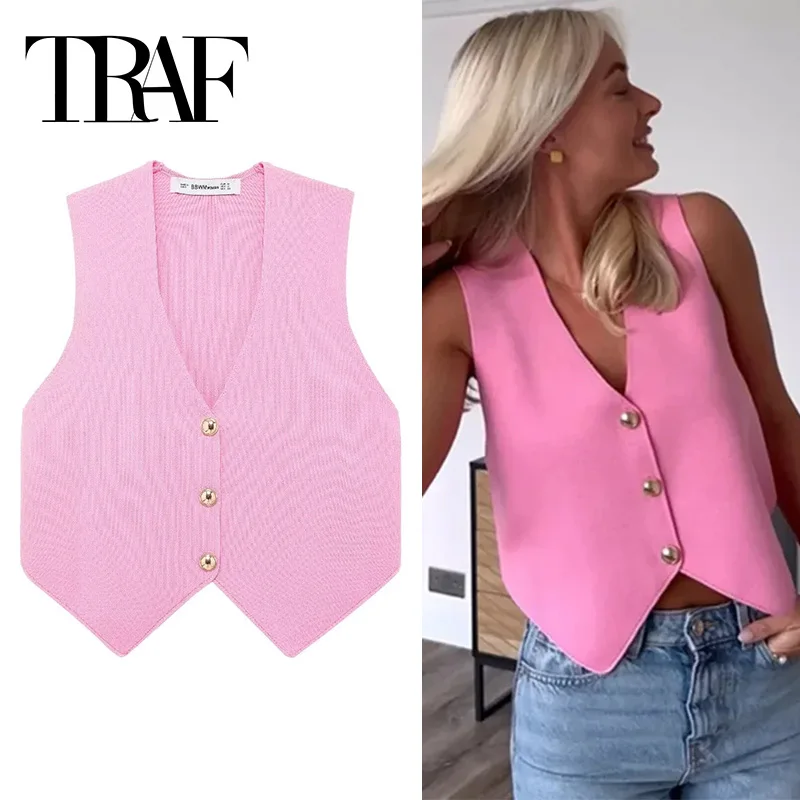 TRAF Pink Knit Vest Women Cropped Sleeveless Vest Woman Fashion Summer Short Coats Knitted Vest Top Female 2024 V Neck Waistcoat