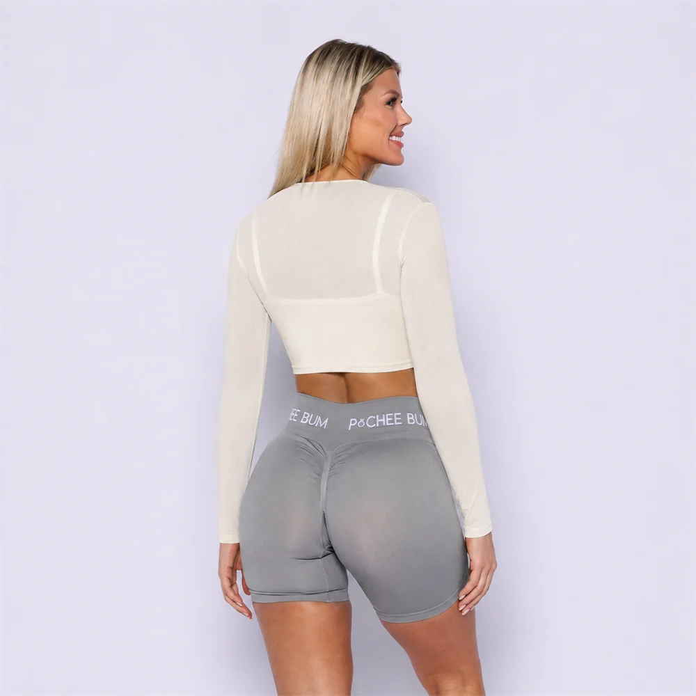 Bum Feather Form Long Sleeves T-Shirt Elegant Women's Mesh Stitched Mock Two-Piece Yoga T-shirt Breathable Sunscreen Crop Tops