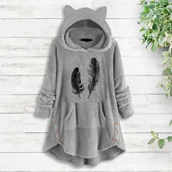 Women Feather Print Long Hoodie Warm Fleece Fluffy Pullover Kawaii Cat Ear Hooded Top Comfortable Loose Long Sleeve Sweatshirt