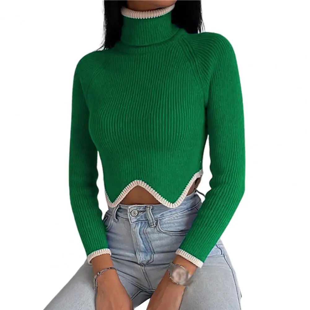 Women Sweater Long Sleeves Wave Hem Ribbed Cropped Sweater Winter Turtleneck Pullover кофта женская