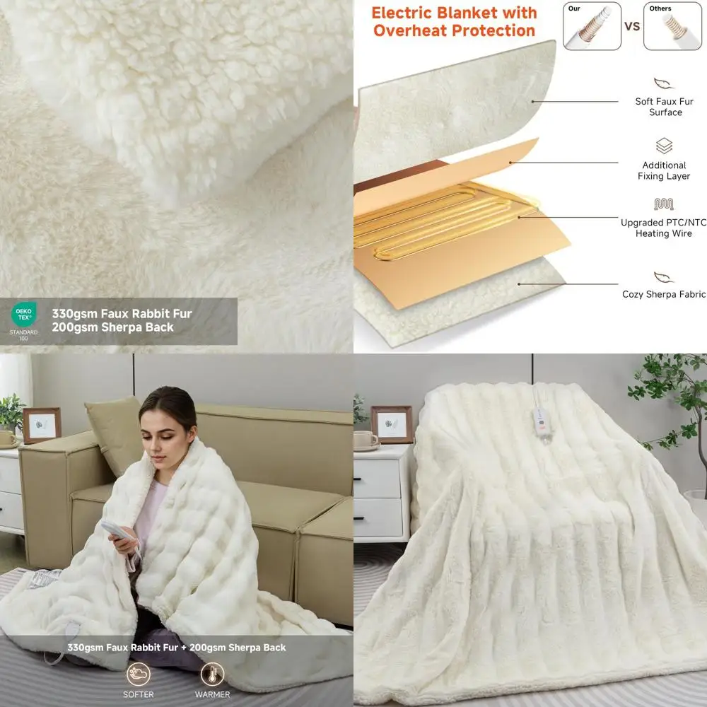 

Мягкое плюшевое электрическое одеяло двойного размера 62x84 с 5 настройками нагрева и 4-часовым автоматическим отключением для дивана, кремового цвета
