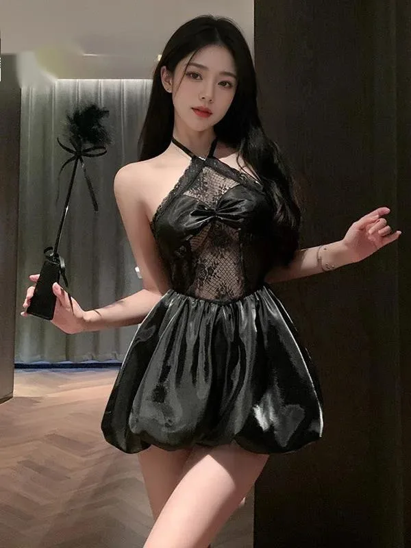 Preto doce tanque mini vestido menina fofo cintura amarrada vestido sexy renda malha sheer vestido elegante 2025 moda sexy feminino topo exl8