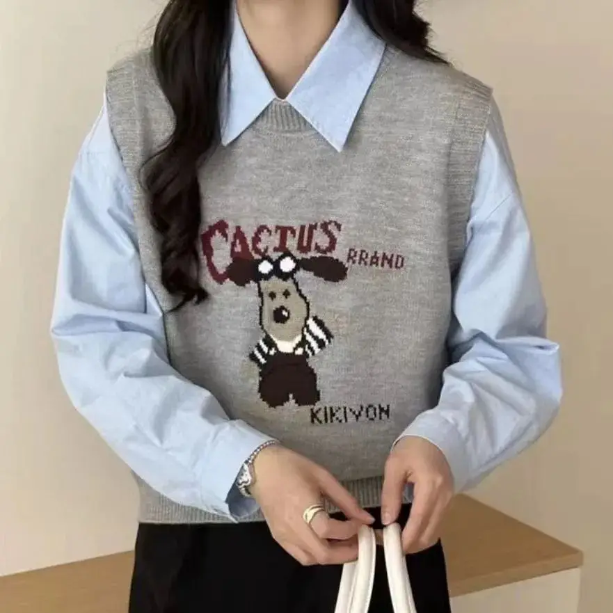 

Korean Fashion puppy Embroidered Knitted Vest Vintage Sweater Women Casual O-neck Sleeveless Knitted Vest Women Jumper Pullover