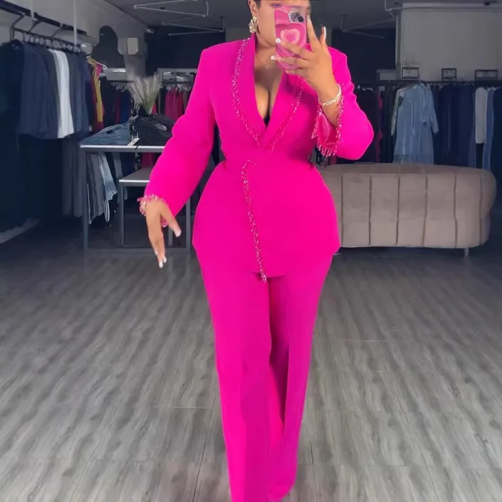 Hosen-Set für Damen Zweiteiliges Set Umlegekragen Langarm-Mäntel Sexy Lange Hosen Hohe Taille Y2k Streetwear Elegant Figurbetont 2026