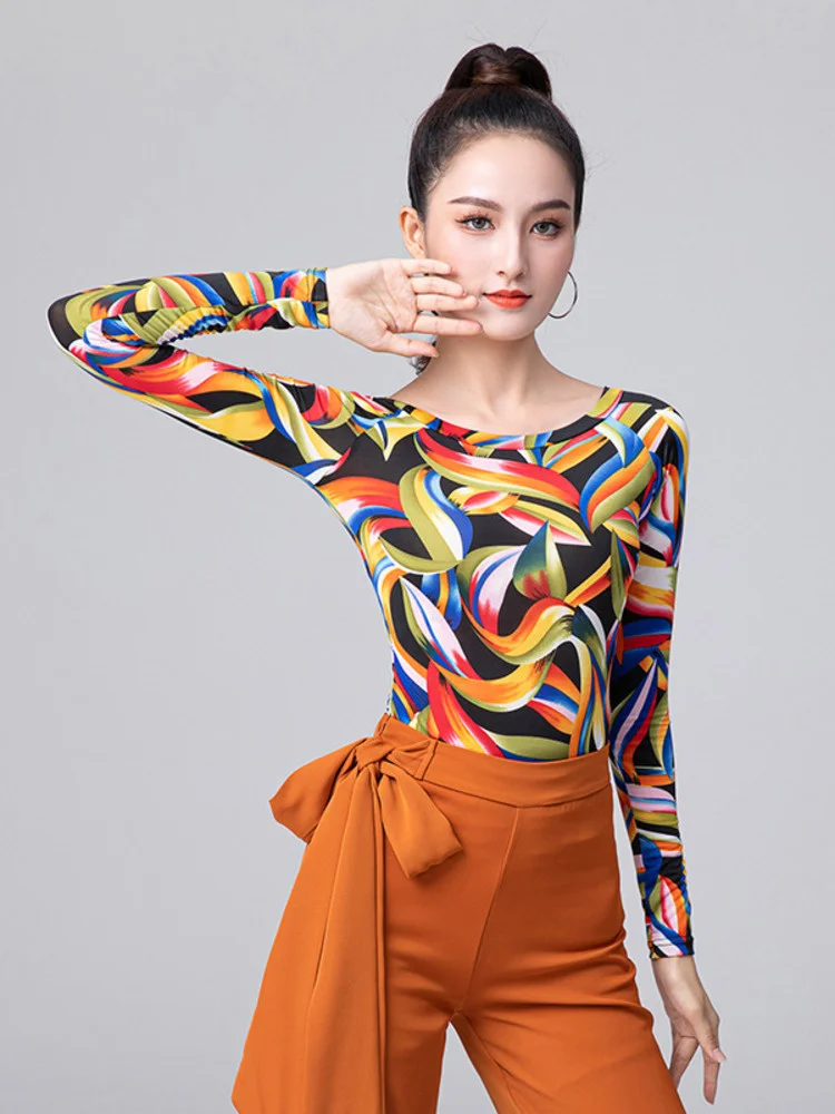 Flower Flamengo Rainbow Women\'s Dance Tops Latin Wear Woman Slim Fit Clothing Belly Costume Girls Elegant Standard Dances Shirt