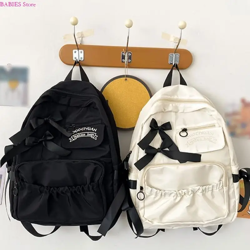 

C9GB Stylish Bowknot Decorated Nylon Backpack for Teen Girls and Women Preppy Anime School Bag Pleated Pocket Rucksack