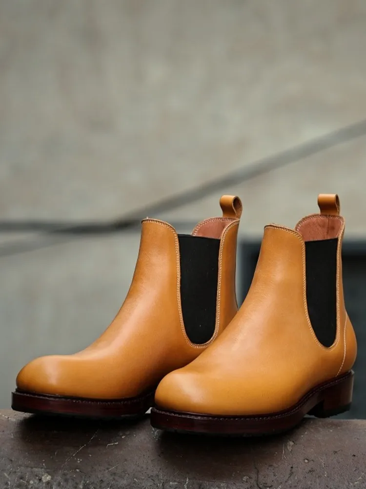 British Style Fashion Male Cowhide Comfortable Mid Heel Round Toe Ankle Boots Genuine Leather Slip On Breathable Handmade Shoes