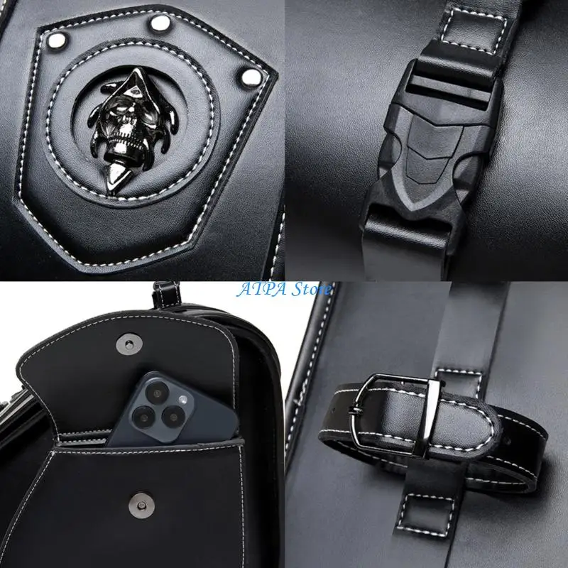 U13C Upgrades Motorcycle Side Tool Bag Retro Punk Design Secure Fastening Waterproof PU Easy Attach Storage for Bike