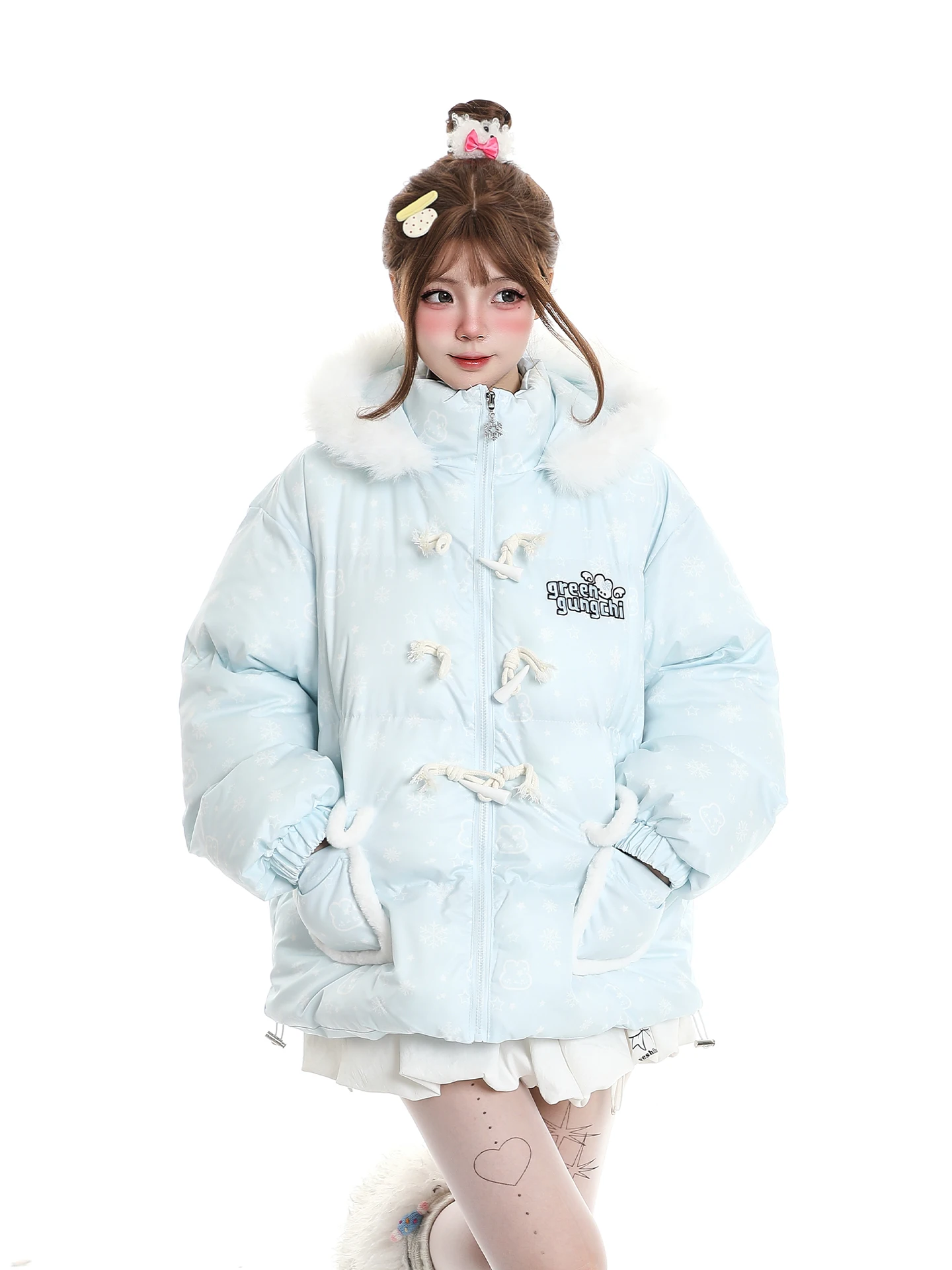 Sweet Style Rabbit Ear Button Hooded Thickened Cotton Jacket Women's Winter Loose Warm Coat with Fur Collar Cartoon Pattern