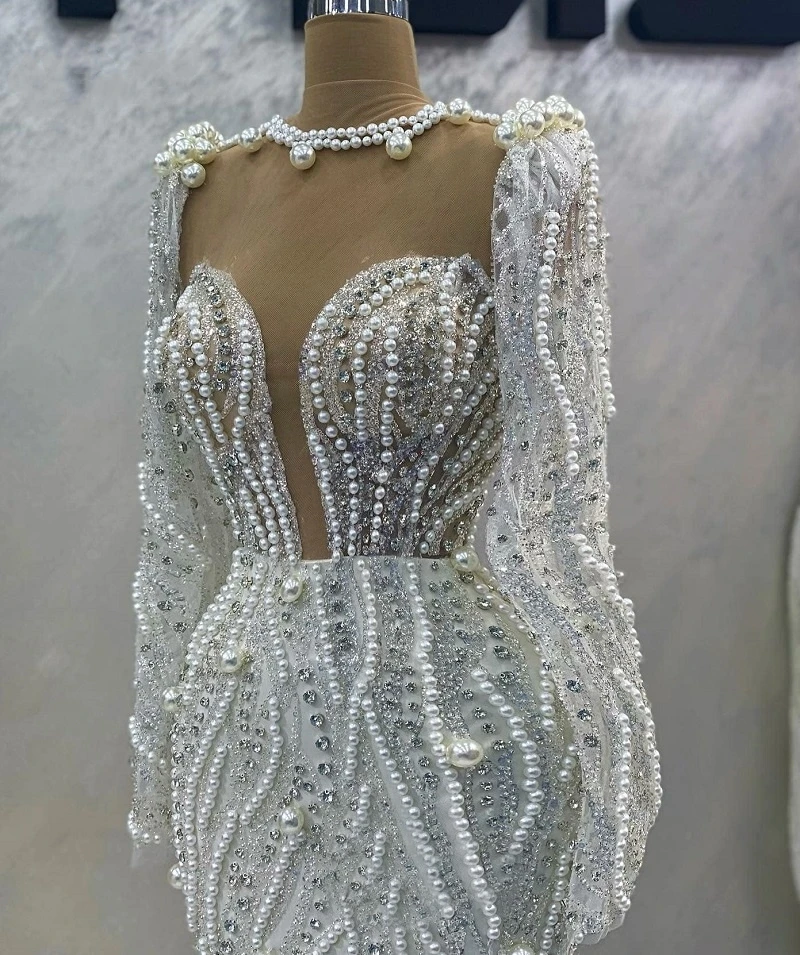 Luxury Wedding Dress More Pearls Sequins Rhinestone Custom Made Bridal Gowns Long Sleeves Vestido De Novia