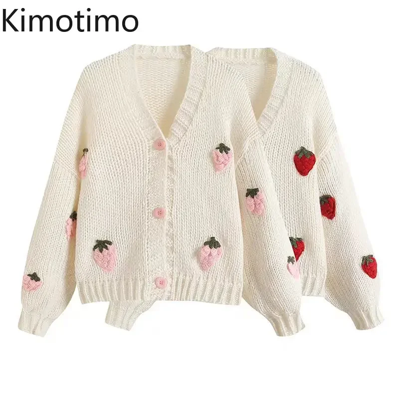 Kimotimo Strawberry Embroidered Sweater Cardigan Women 2024 Autumn Winter Fashion V Neck Vintage Loose Long Sleeve Knitted Coat