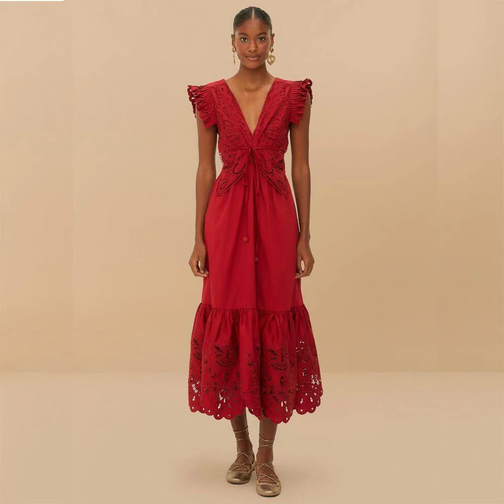 

Red Pastrol Evening Dresses V Neck Sleeveless Backless High Quality Tea Length Banquet Celebrity Prom Party Female Gowns
