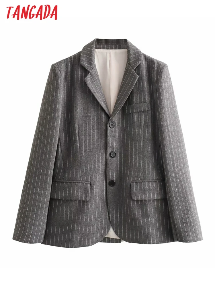 Tangada Women 2023 Winter Gray Striped Blazer Coat Vintage Long Sleeve Female Suit QD285