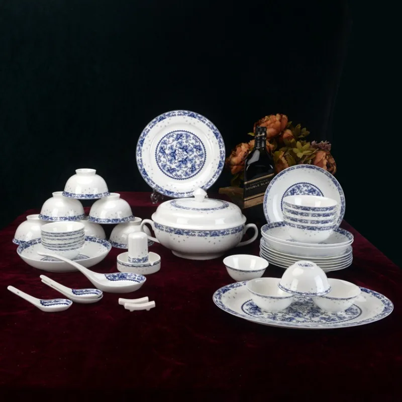 

Элегантный керамический набор посуды в китайском стиле Цзиндэчжэнь, миски из костяного фарфора, тарелки, набор посуды, премиальная домашняя кухонная посуда