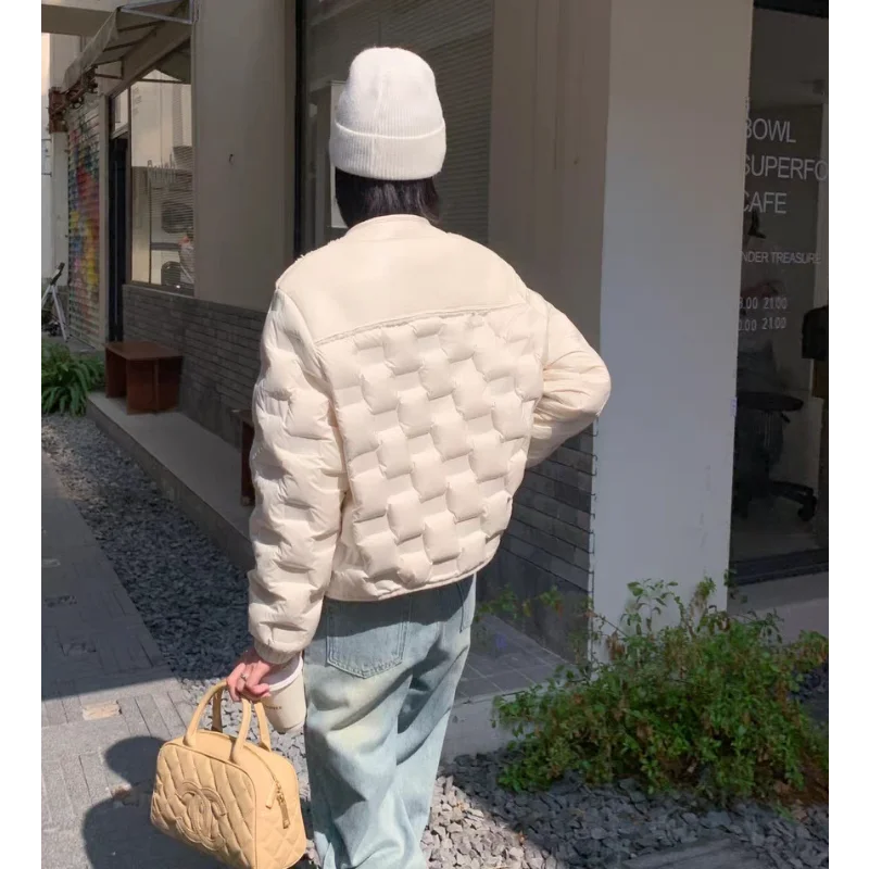 Jaqueta fina para mulheres, novo estilo de inverno, gola redonda, leve, patchwork, versátil, jaqueta curta elegante