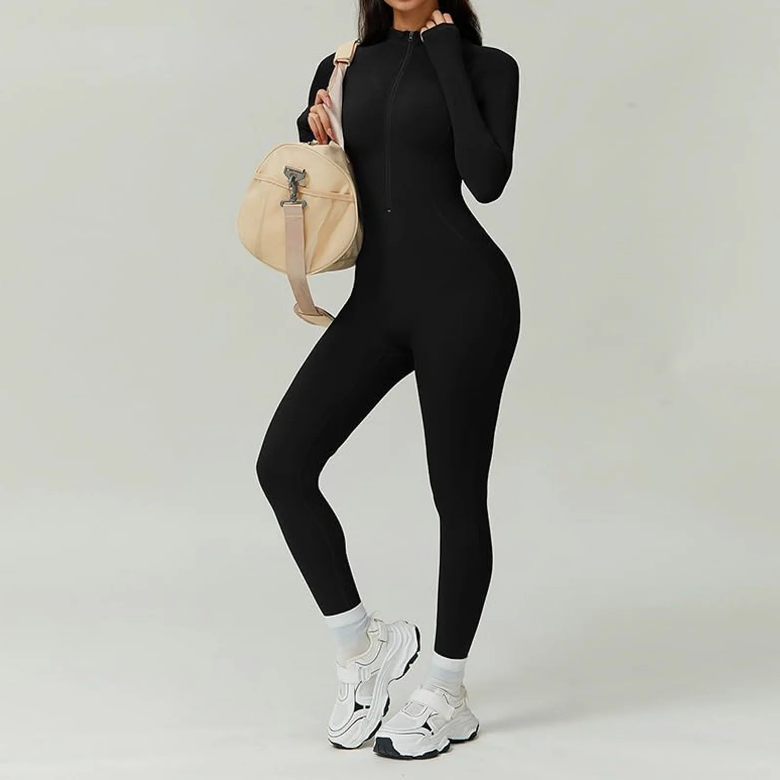 Women Warm Fleece Lined Bodysuit Solid Color Long Sleeve Plush Fitness Yoga Jumpsuits Seamless Slim One-Piece Zipper Overalls