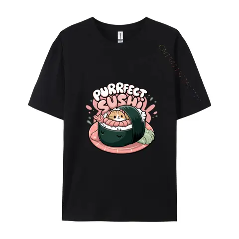 Purrfect Sushi Kawaii Cat In Sushi Roll Pun Printed On Print T Shirt Plus Size Camisa Combed Cotton Mens Tshirts