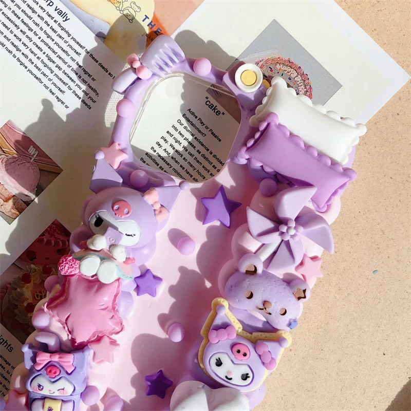 Handmade case For iPhone 16 promax 3D Cartoon ip 15 plus Kawaii phone shell 16 pro DIY cream cover kuromi girl gift candy food