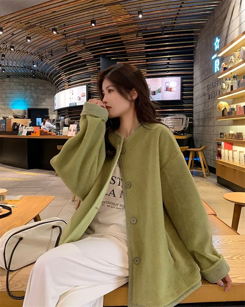 Autumn and Winter Lamb Fleece Thickened Warm Coat 2023 New Fashion Round Neck Sweet and Fresh Long Sleeve Women's Wear Commuting